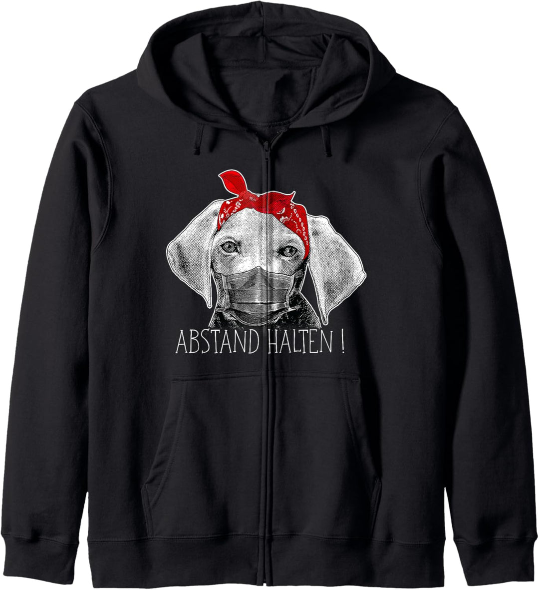 Abstand Halten - Hund Welpe mit Mundschutz Gesichtsmaske Kapuzenjacke