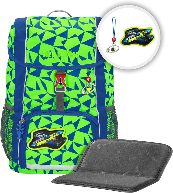 Step by Step Rucksack-Set Kid NEON, Star Catcher, grün-blau, mit Sitzkissen, ergonomischer Mini-Ranz