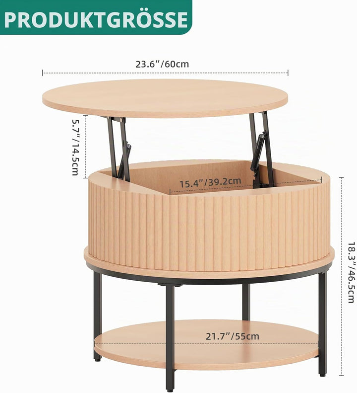 YITAHOME Couchtisch Höhenverstellbar, Couchtisch Rund mit geriffeltem Design und verstecktem Staurau
