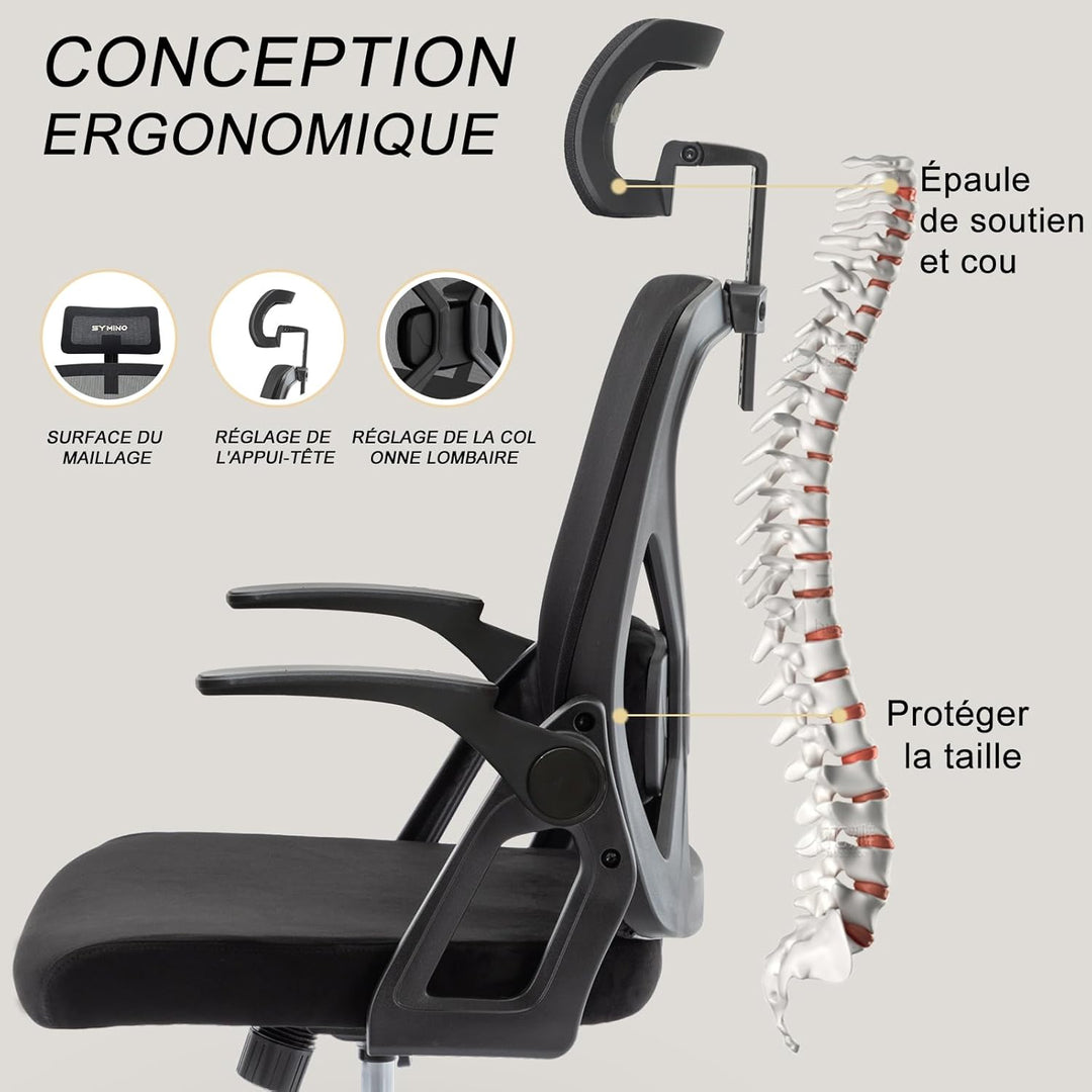 symino Bürostuhl, Bürostuhl Ergonomischer mit Verstellbarer Kopfstütze, Armlehnen, Lordosenstütze, d