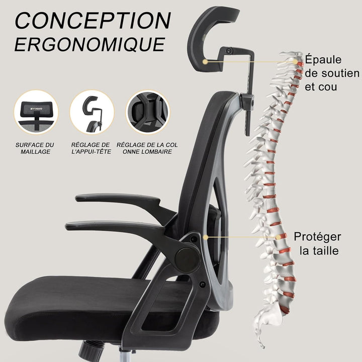 symino Bürostuhl, Bürostuhl Ergonomischer mit Verstellbarer Kopfstütze, Armlehnen, Lordosenstütze, d