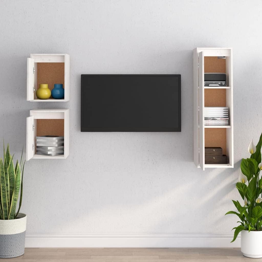 homiuse Wohnzimmer TV-Schränke 3 STK. Weiss Massivholz Kiefer Klassischen TV Schrank Set Wohnzimmer