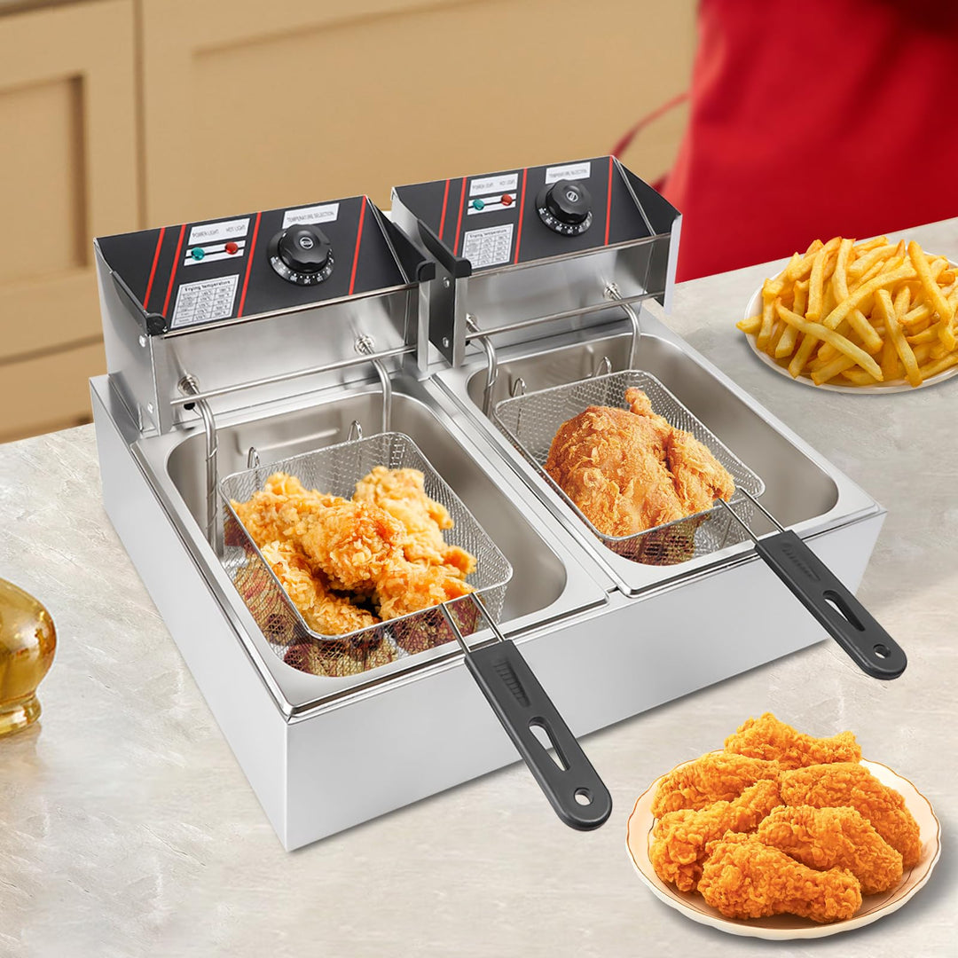 Elektrische Friteuse mit Fett 5000W 6 L Kommerzielle Doppel Fritteusen Gastronomie Edelstahl Kaltzon
