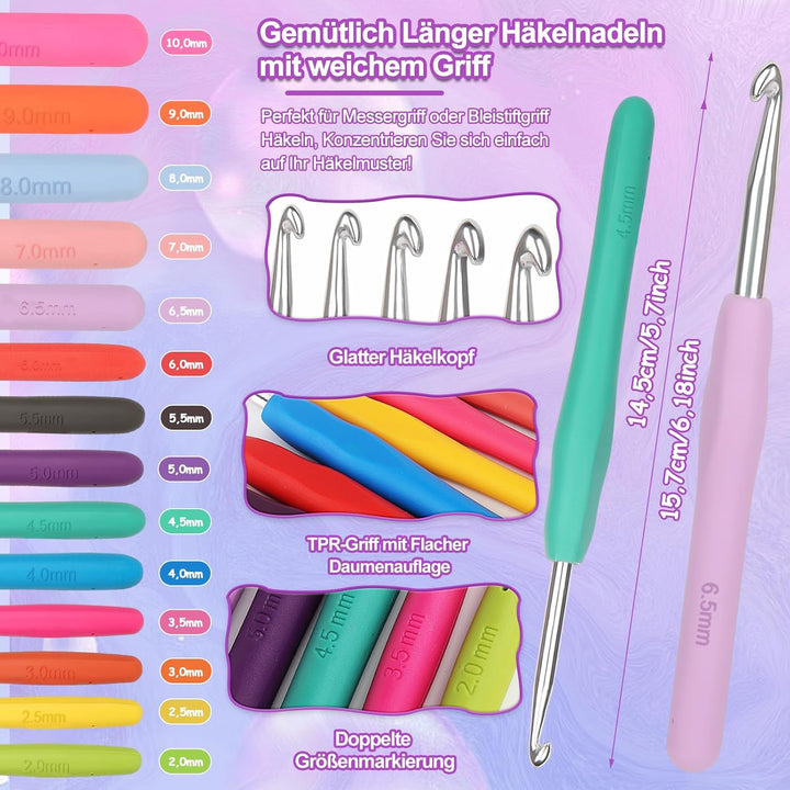 Coopay Tragbar Häkelset für Anfänger, 14 Stück Häkelnadel Set 2,0-10,0mm mit Weichem Griff, Häkelset