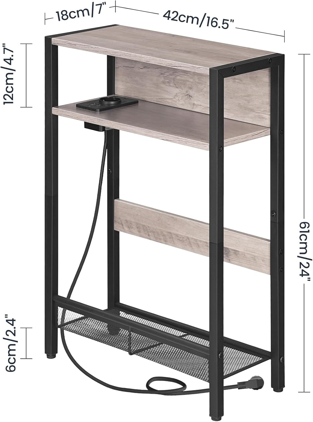 Beistelltisch Schmal, Couchtisch mit Ladestation, 3-stufiger Nachttisch, Sofatisch mit 2 Holzwerksto