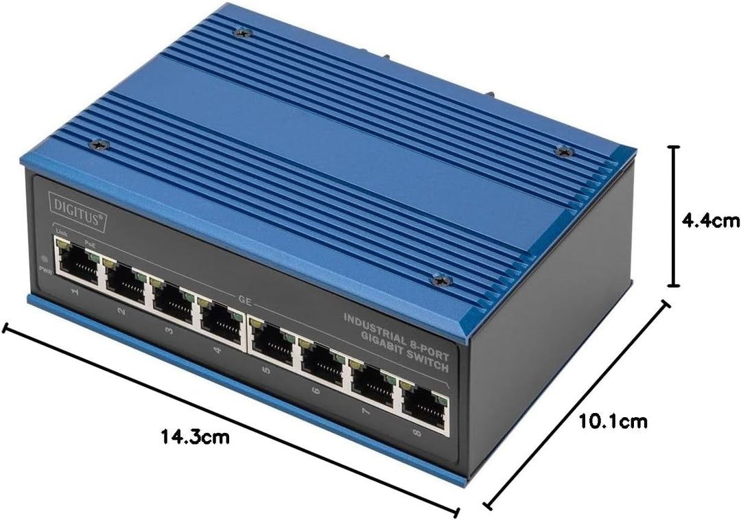 DIGITUS PoE Netzwerk-Switch - 8-Port Gigabit Ethernet - DIN-Rail Montage - Klemmleiste - Lüfterlos -