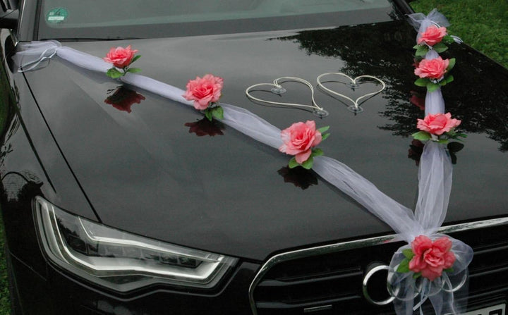 Organza M + Schleife Auto Schmuck Braut Paar Rose Deko Dekoration Autoschmuck Hochzeit Car Auto Wedd