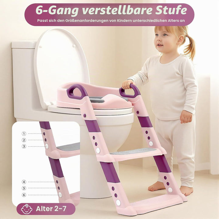 Kinder Toilettensitz mit Treppe abnehmbares PU-Kissen, höhenverstellbar 2–7 Jahre, klappbarer WC Sit
