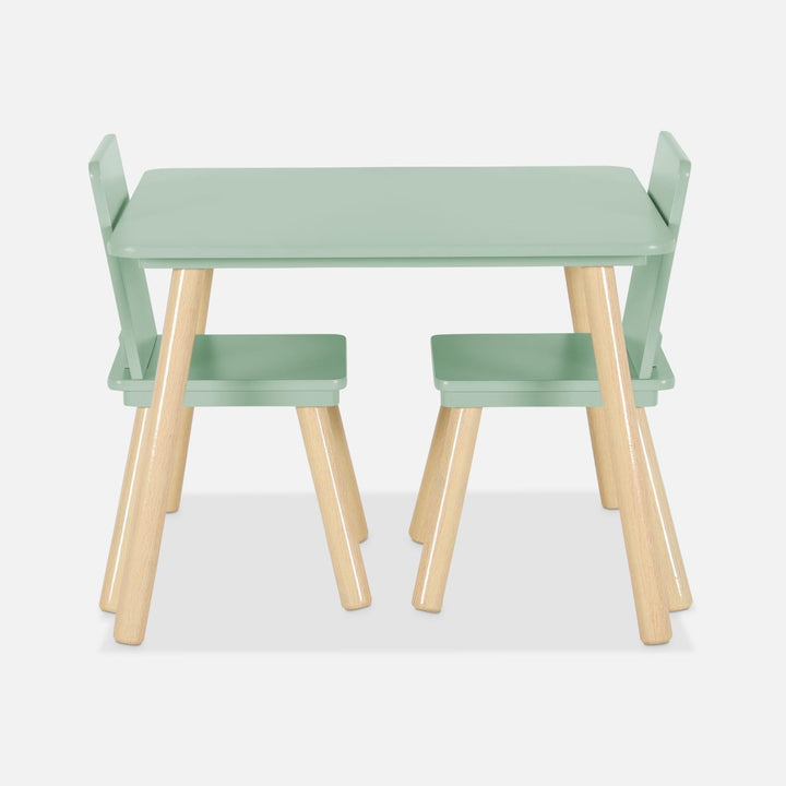 sweeek - Quadratischer Kindertisch mit 2 Stühlen, Beine aus Kiefernholz - Judith Grün, Grün