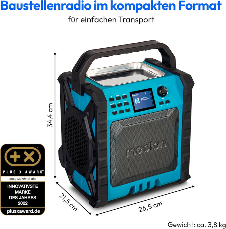 MEDION P66896 Baustellenradio (DAB Plus, DAB+/UKW, integrierter Akku, Farbdisplay, Bluetooth, Powerb