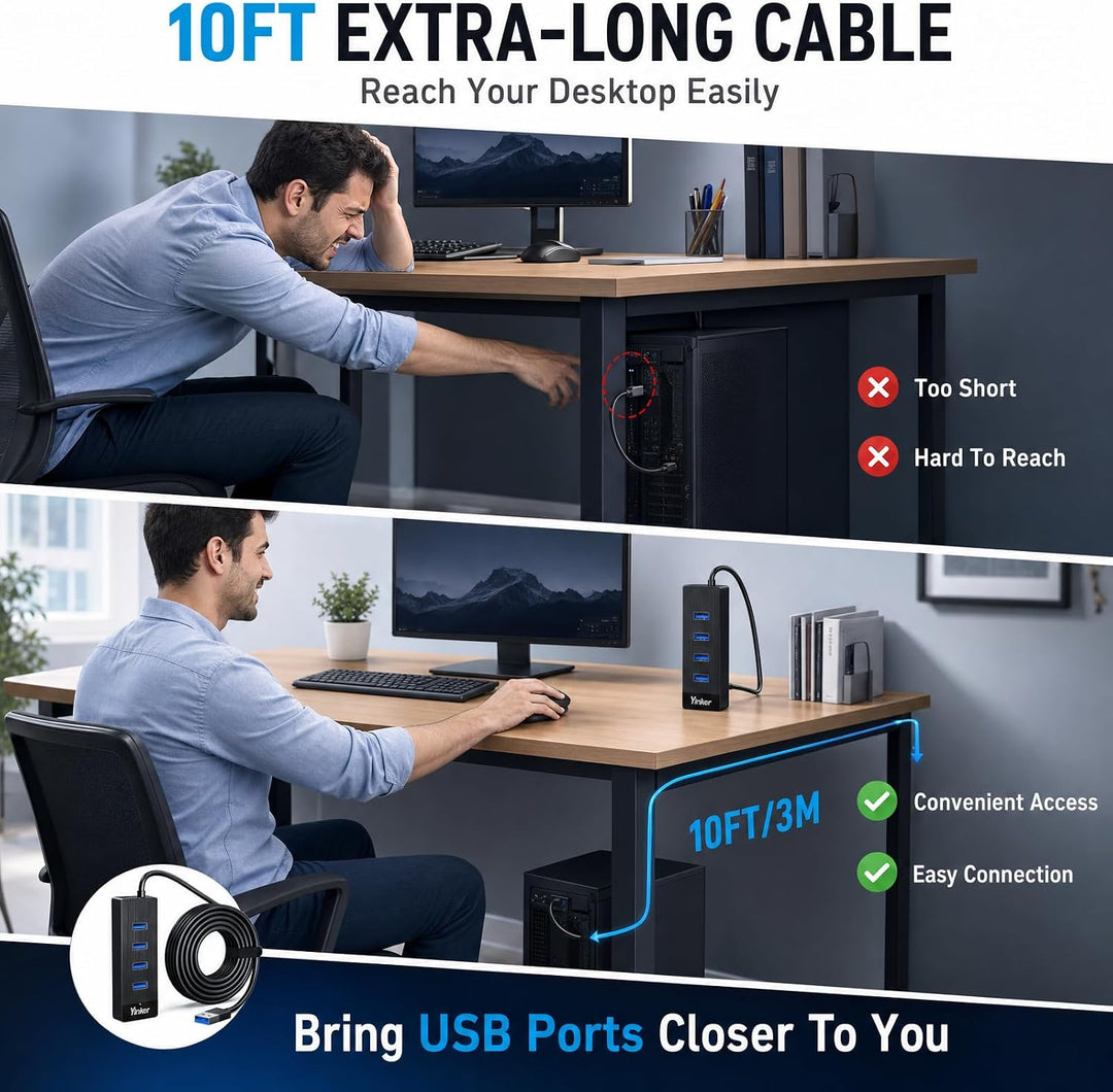 3m USB 3.0 Hub 4 Port 5Gbps Geschwindigkeit & 5V USB-C Stromversorgung – USB Hub Splitter für Büro,