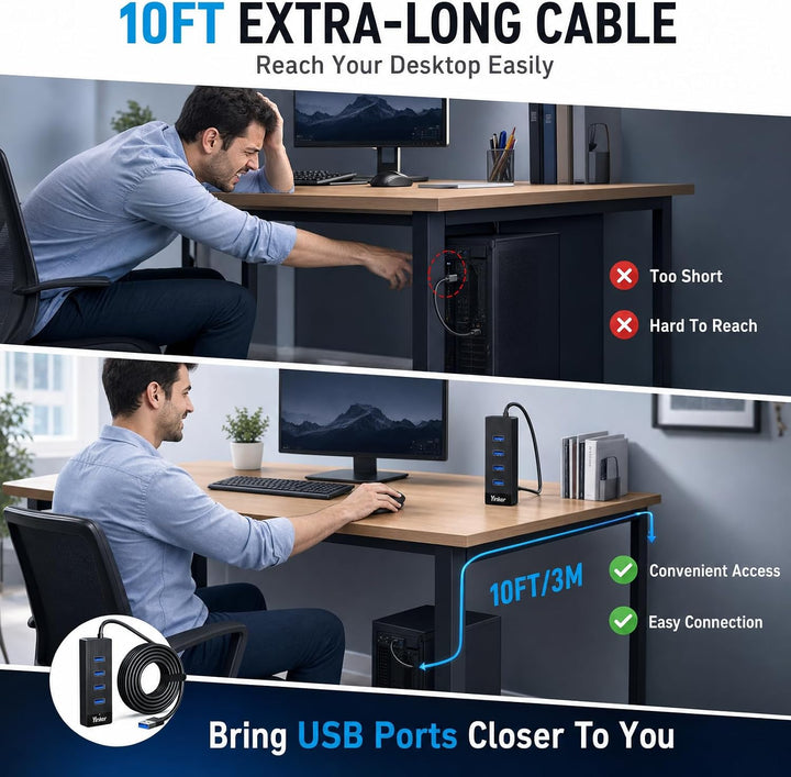 3m USB 3.0 Hub 4 Port 5Gbps Geschwindigkeit & 5V USB-C Stromversorgung – USB Hub Splitter für Büro,