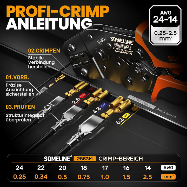 SOMELINE® Crimpzangen Set, 6 Arten [0,25-2,5mm²] Flachsteckhülsen Set, Flachsteckhülsenzange, Spade