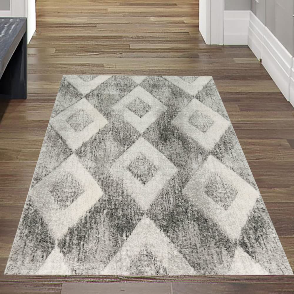 Modern Abstrakter Teppichläufer mit Rautenformen | pflegeleicht | Creme-grau, Grösse 60x110 cm 60 x