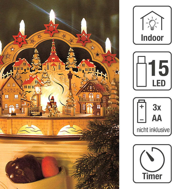 Hellum LED Schwibbogen Weihnachten aus naturfarbenen Holz, mit Timer, Lichterbogen Weihnachten 45x16
