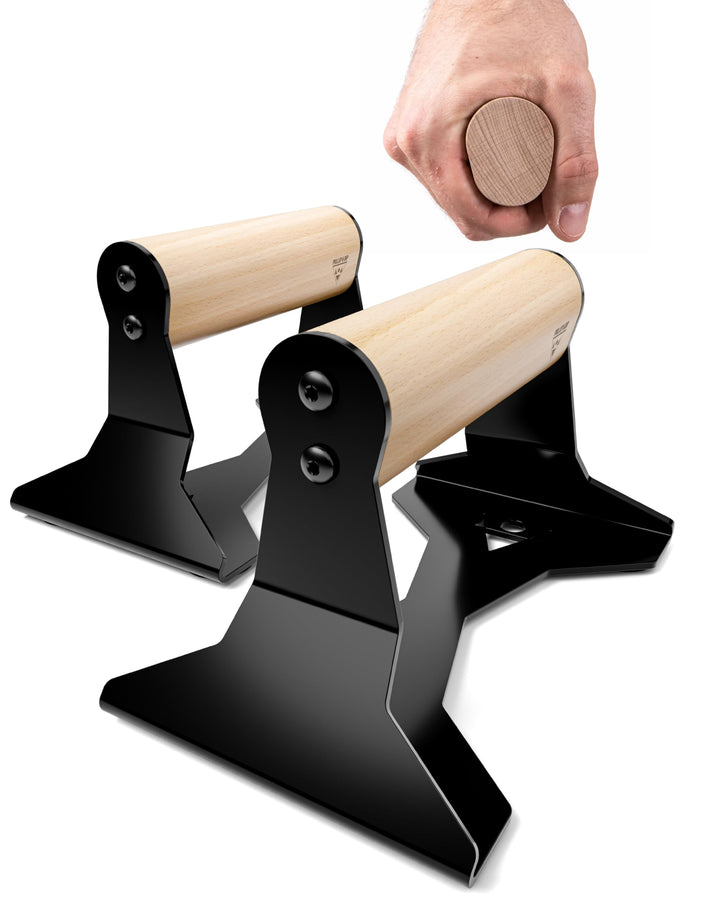 PULLUP & DIP Liegestützgriffe mit ergonomischem Holz Griff und hochbelastbarem Stahl - Rutschfeste P