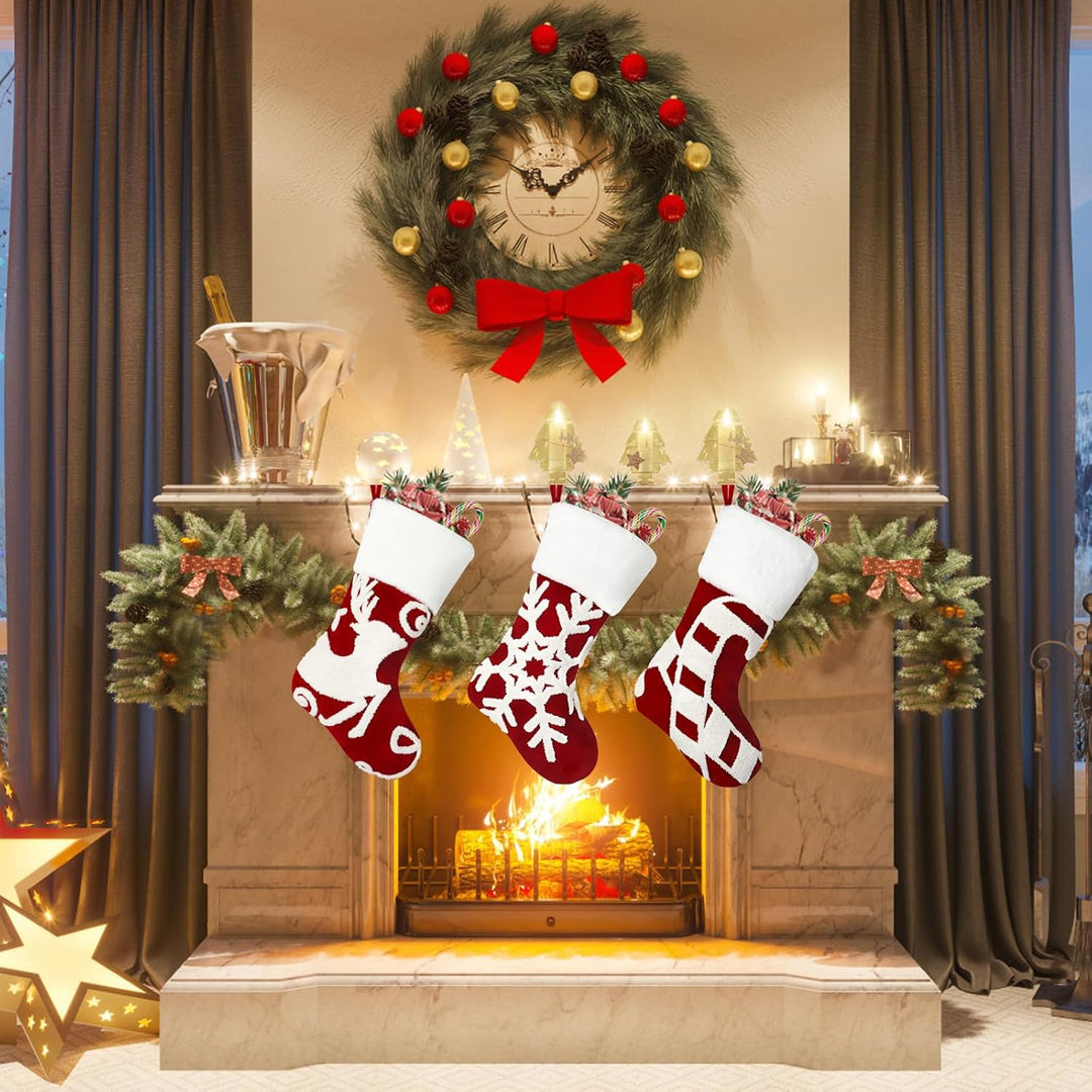 Weldomcor Weihnachtsstrumpf 3er Set, 50cm Weihnachtsstrümpfe Kamin Bestickte Elch Schneeflocke hänge