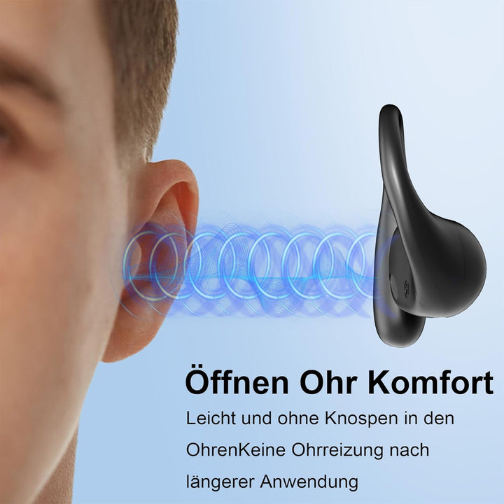 Kabelgebundener Open-Ear-Kopfhörer mit Mikrofon, Lautstärkeregler und Anrufsteuerung über Inline-Bed