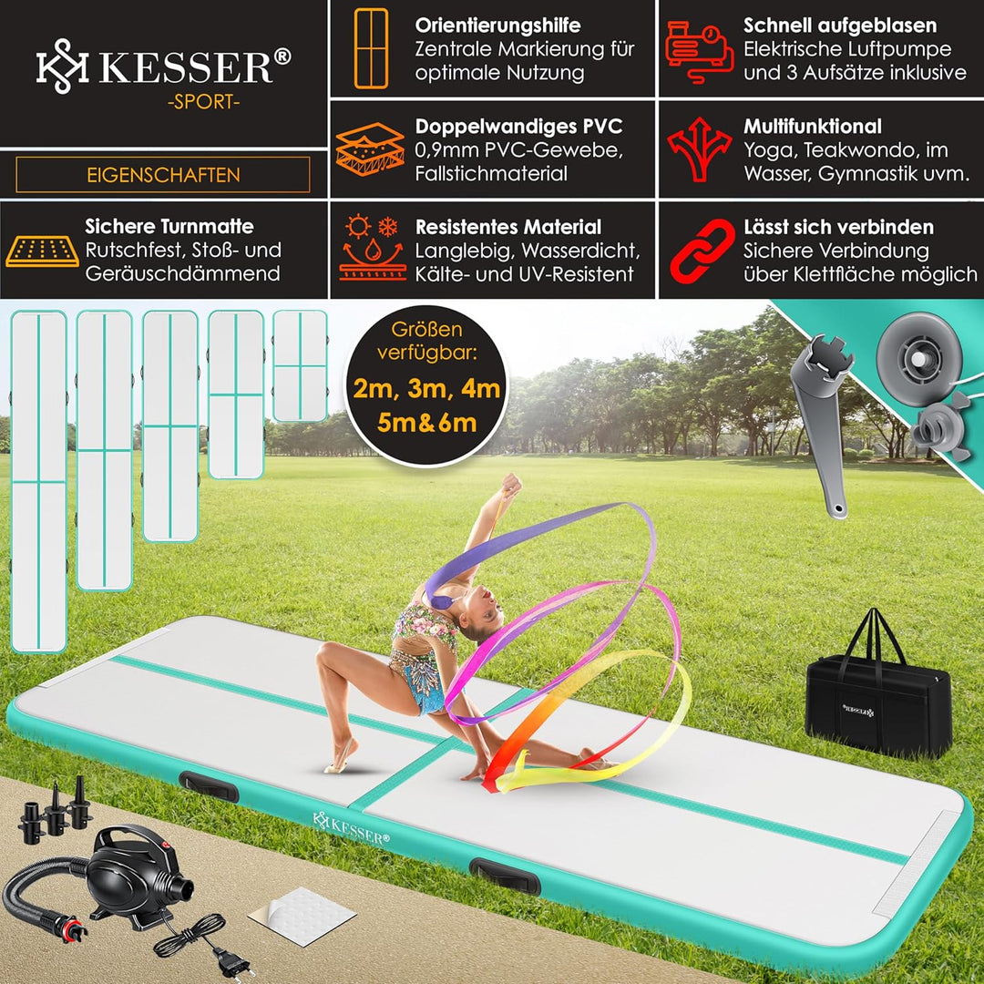 KESSER® Turnmatte Aufblasbar Airtrack Fitness-Matte Gymnastikmatte | inkl. Tragetasche & elektr. Luf