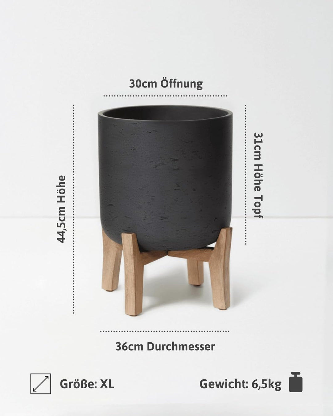 Finestgreen Charlie Feet Low | Handgefertigtes Pflanzgefäss auf Holzfüssen (XL Ø:36 H:44,5 cm, Schwa