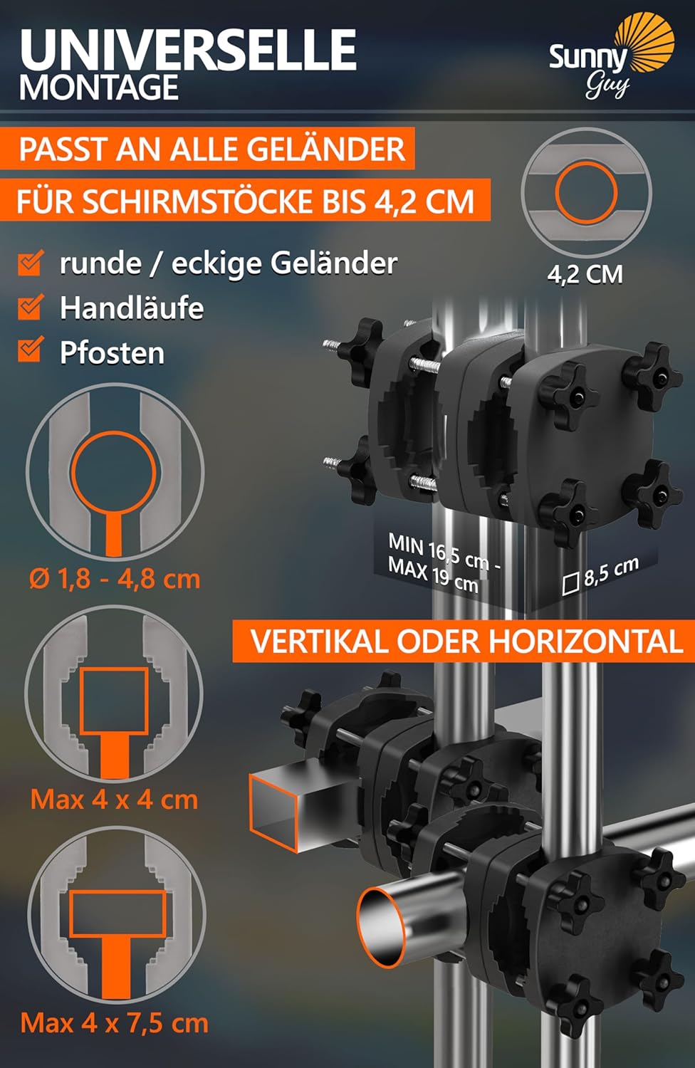 4smile Sonnenschirm Balkon SunnyJoy im 3er-Set - UPF 50+ Balkon Schirm 180 cm + Sonnenschirmhalter B