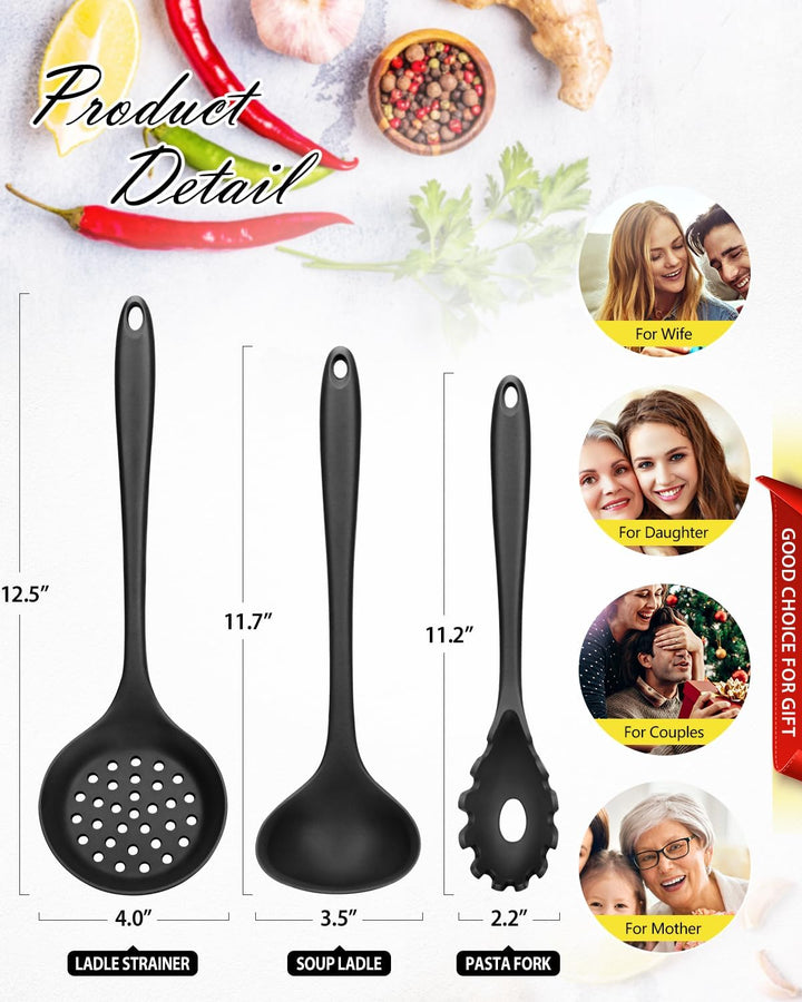 3 Stück Silikon-Küchenutensilien-Set, Suppenkelle-Nudelgabel-Schlitzlöffel, Antihaft-BPA-frei, Hochh