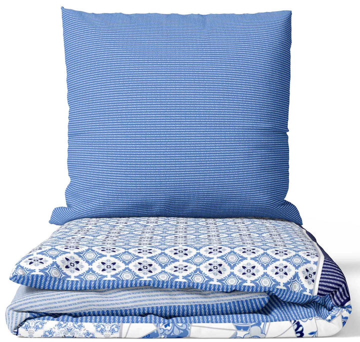 Leonado Vicenti 4 teilig Bettwäsche 155x220 Baumwolle Renforce Kissen Decke Bezug Blau Weiss Knitter
