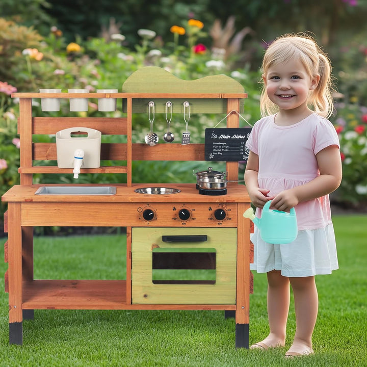 Outdoor Spielküche Gartenspielküche Matschküche Kinder Outdoor Mit Tafel, Wasserkocher, Spüle, Holzp