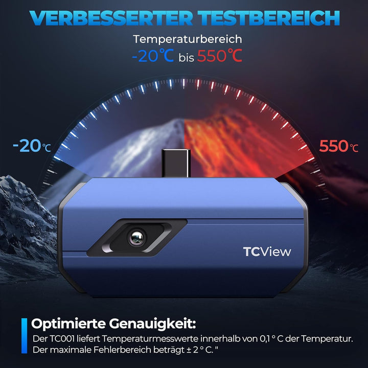 TOPDON Wärmebildkamera -TC001, 512x384 TISR Auflösung, ＜40mK Wärmeempfindlichkeit, 25Hz, Testbereich