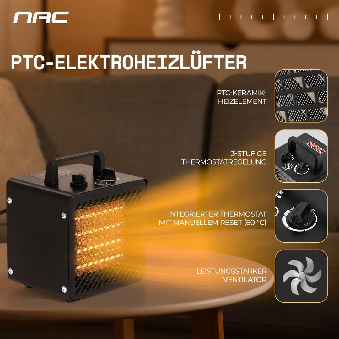 NAC Elektrischer Keramik Heizlüfter 2000 Watt - Heizstrahler mit Thermostat, Heizung Elektrisch - He