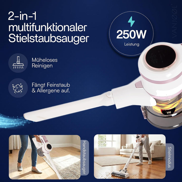 VANJOOL® Akku Staubsauger Kabellos 250W – 9 kPa Stielstaubsauger &amp; Handstaubsauger – Beutelloser Sta
