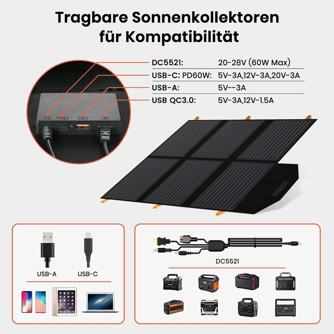 FlexSolar 60W Faltbares Solarladegerä, ETFE tragbare Solarmodule mit DC/QC 3.0 USB-A & USB-C(PD 45W)