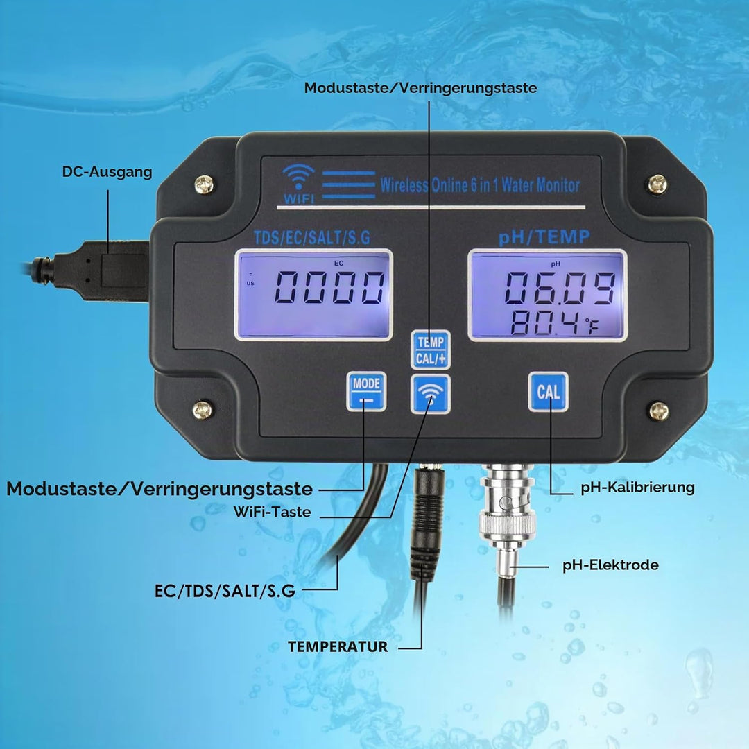 Professioneller 6-in-1-Wasserqualitätsmonitor testet pH-Wert, TDS, EC, Salzgehalt, SG, Temperatur Wi