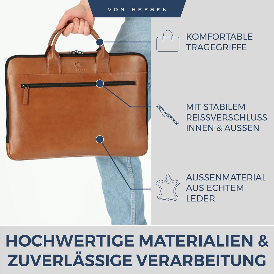 VON HEESEN Leder Aktentasche Laptoptasche bis 16 Zoll aus hochwertigem Nappa-Leder Cognac Braun (Gla