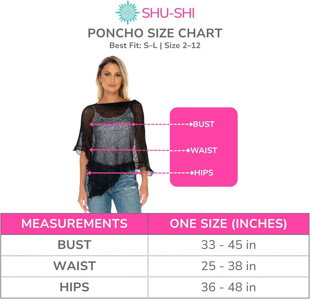 SHU-SHI - Damen Poncho-Top mit Rüschen - transparent - leichtes Strickmaterial Lavendelfarben, Laven