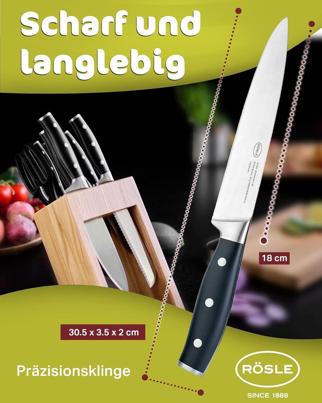 RÖSLE Fleischmesser Tradition, Hochwertiges Küchenmesser zum Schneiden aller Arten von Fleisch, Tran