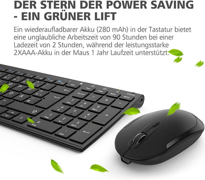 iClever 2.4G Tastatur Maus Set Kabellos, Aluminium Wireless Slim Tastatur QWERTZ Layout (Deutsch), f