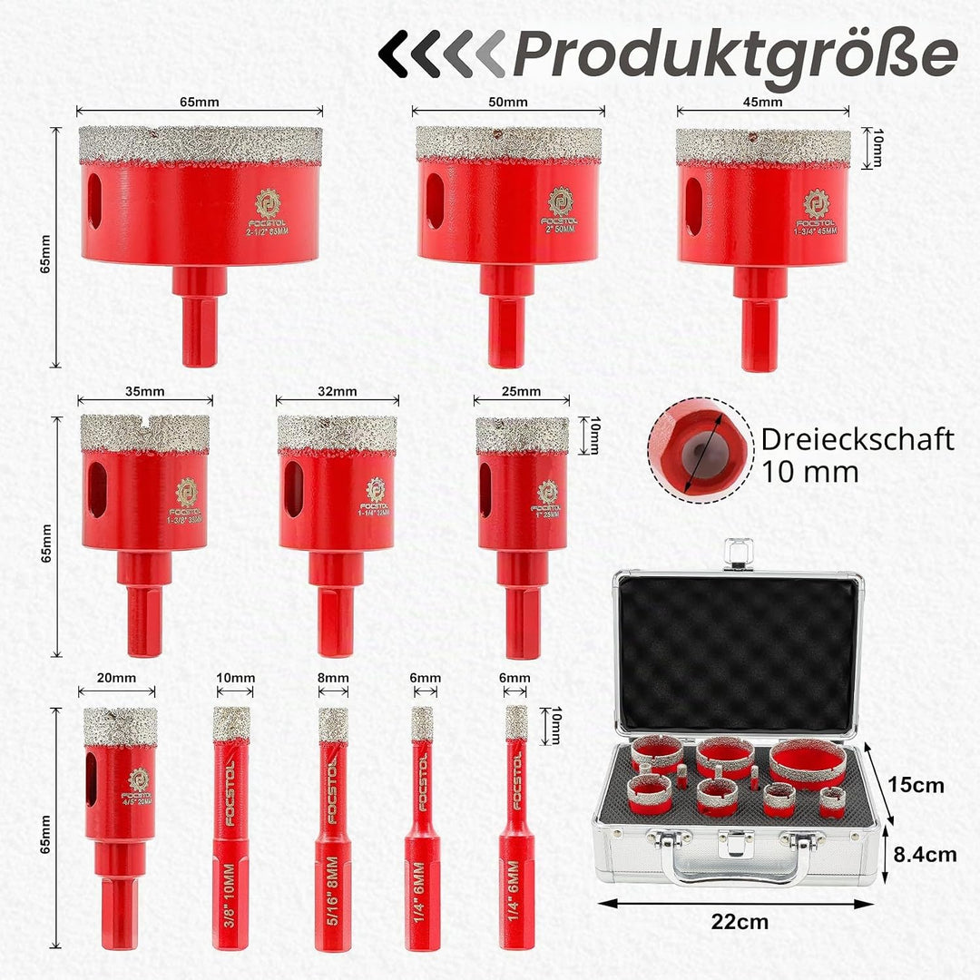 FOCSTOL Diamant Fliesenbohrer Set - 6/6/8/10/20/25/32/35/45/50/65mm mit Dreikantschaft für Porzellan