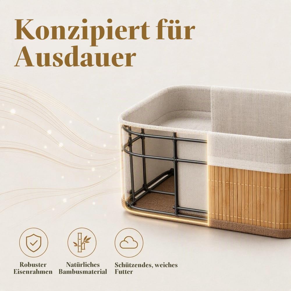 3er Set Bambus Aufbewahrungskörbe mit Stoffeinsatz, Korb Geflochten
