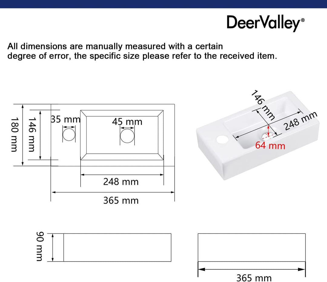 DeerValley DV-1V081L Badezimmerwaschbecken aus Keramik zur Wandmontage, Kleines Badezimmer, Weisses