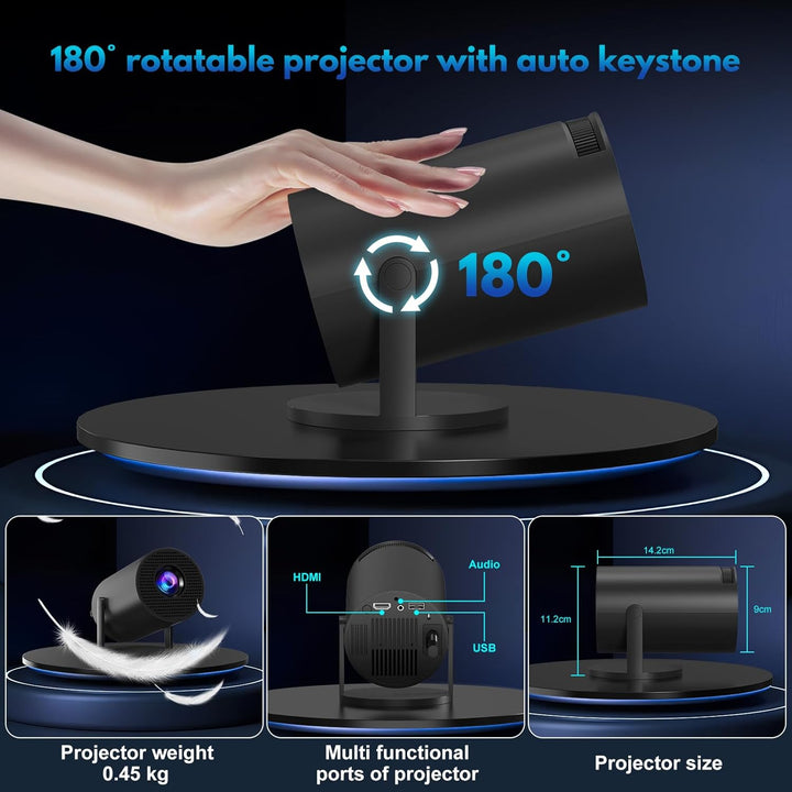 Mini Beamer, 1080P 4K Support 180°Dreh Tragbarer Streaming-Projektor, Klein Videoprojektor Unterstüt