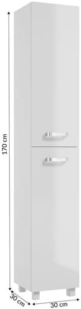 .Deftrans - Badschrank Hochglanz Weiss 170x30 cm – Schmaler Hochschrank fürs Badezimmer mit 4 Einleg