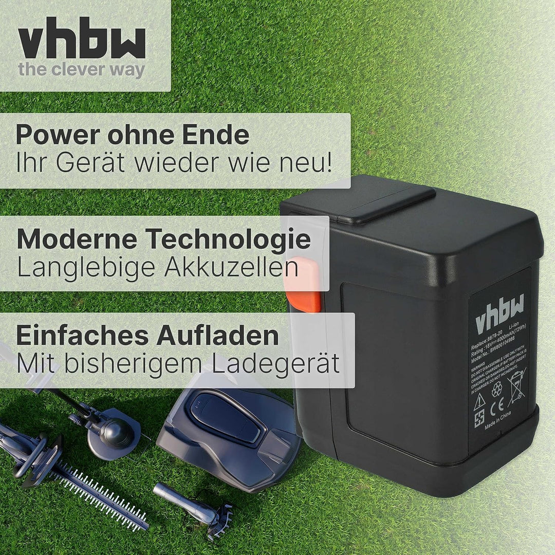 vhbw Akku 4000mAh kompatibel mit Gardena EasyCut 50-Li & Li-18/50, ErgoCut & HighCut 48-Li, AccuJet