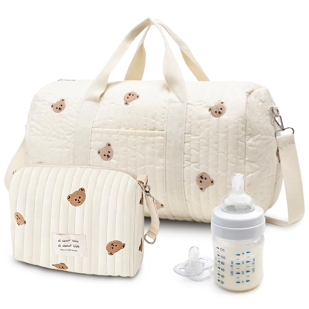 Wickeltasche Kliniktasche Geburt Grosse 2er Set, Mommy Bag aus Baumwolle mit Stickerei & Teddybär-Mu