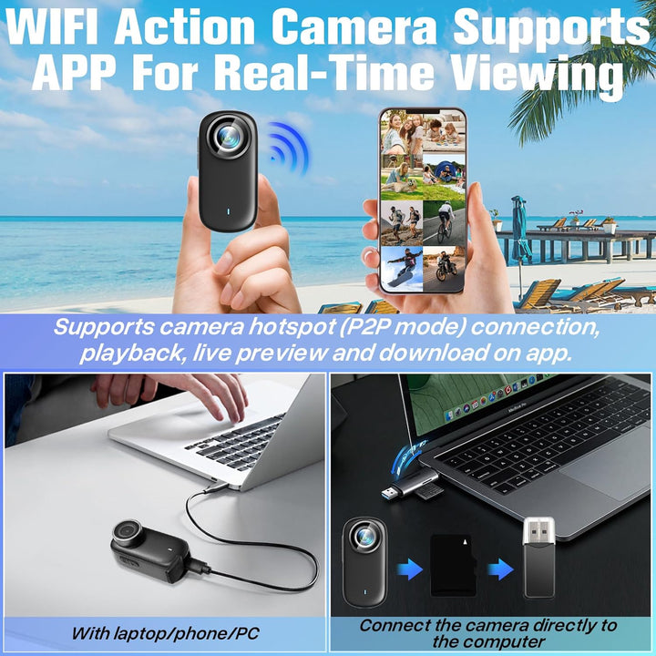 Action Cam, WiFi Mini Sportkamera HD 4K,Tragbare Action Kamera mit 1.47-Zoll-Display,POV Kamera Fahr