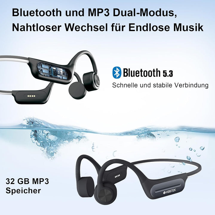 Voistek Knochenschall-Kopfhörer mit Vibration, Bluetooth 5.3 IP68 Wasserdicht, 32GB MP3-Player, Open
