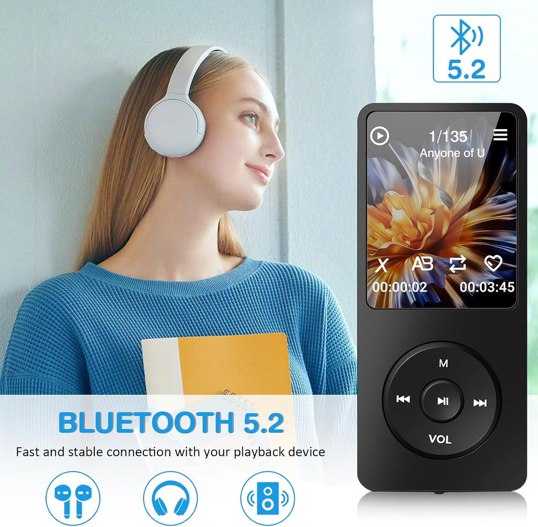 MP3 Player mit Bluetooth 5.2, MP3-MP4-Player Sport Musik-Player mit 32 GB Speicherkarte, 1.8 Zoll TF