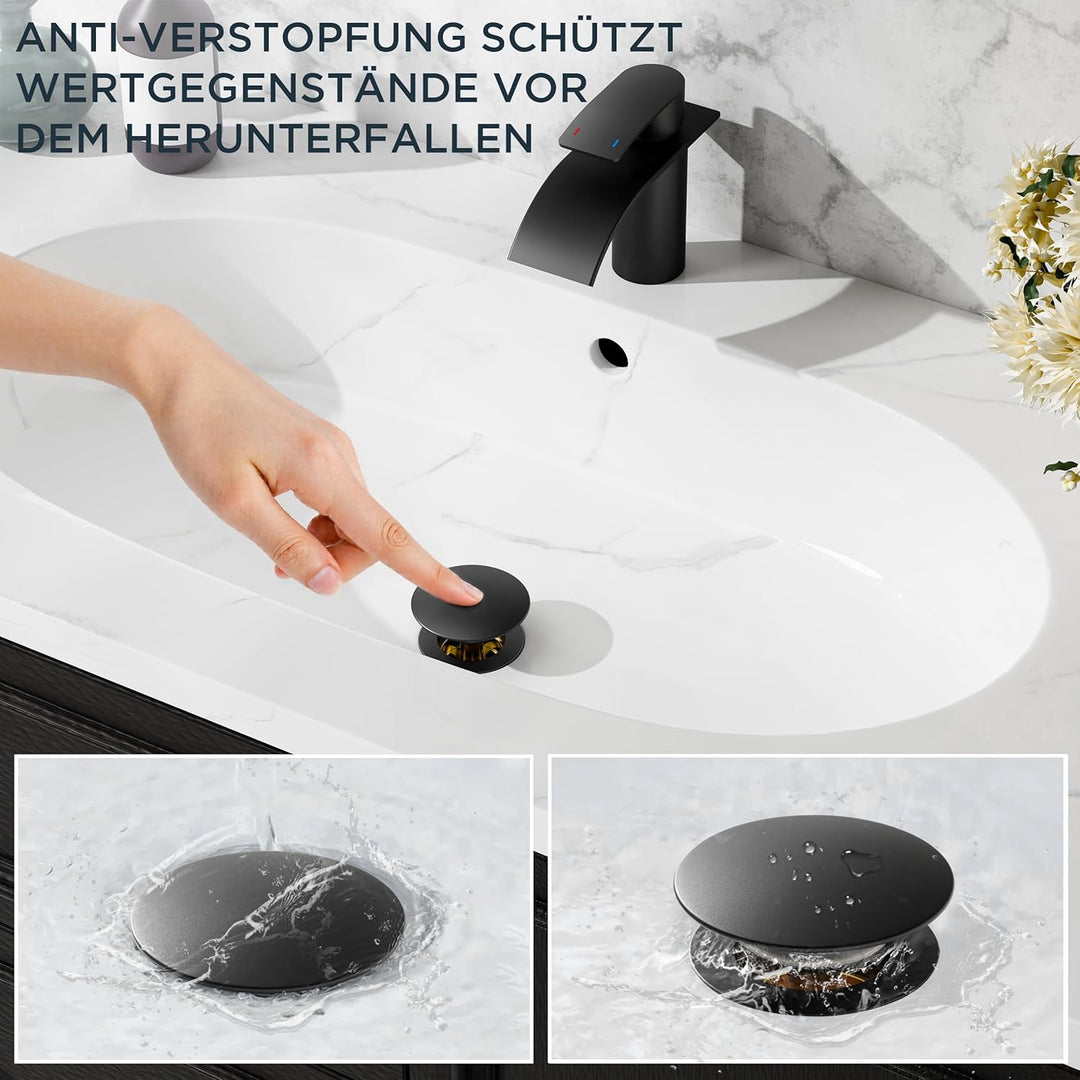FORIOUS Wasserhahn Bad Schwarz mit Ablaufgarnitur, Edelstahl Wasserfall Waschbeckenarmatur mit Ausla