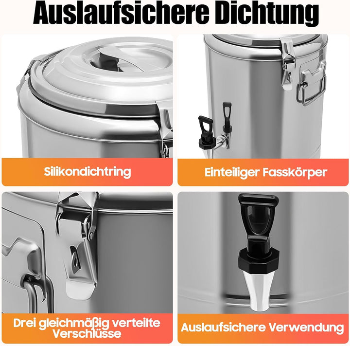 Edelstahl Getränkespender, 14L Transport Thermobehälter mit Zapfhahn, Auslaufsicherer Thermobehälter