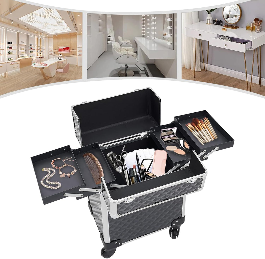 Schminkkoffer Kosmetikkoffer Trolley,Schminkkoffer mit 2 klappbare Fächer,Trolley - Aufbewahrungskof